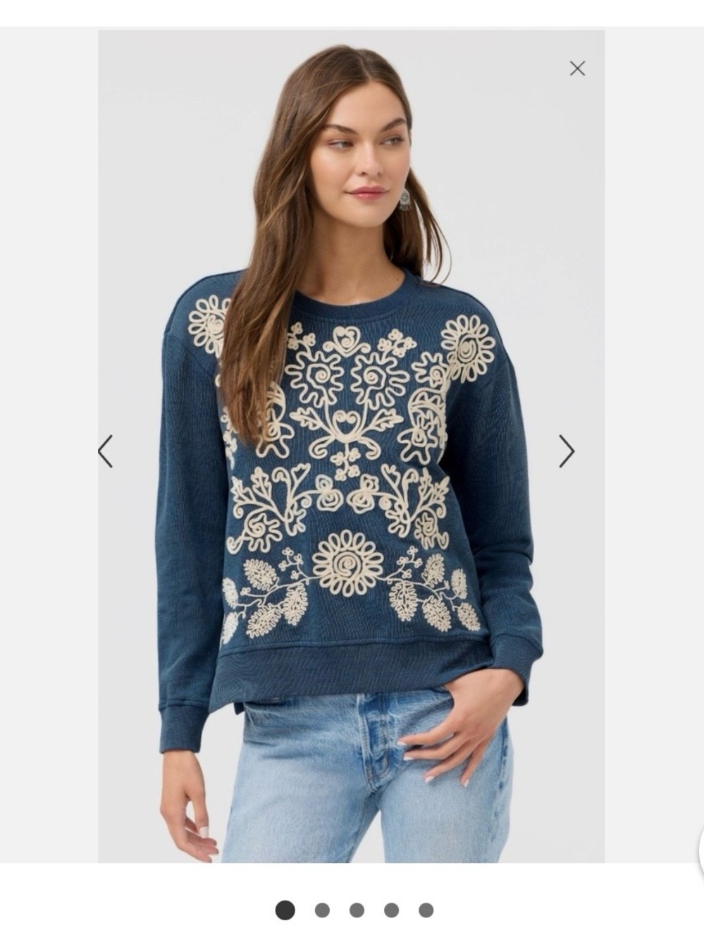 Johnny Was Navy Crewneck Sutash Sweatshirt with Cream Floral Embroidery